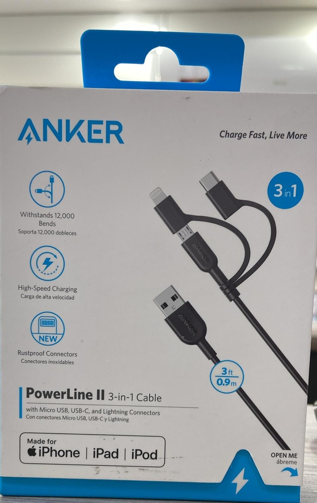 ANKER PowerLine II 3-in-1 Cable  كابل أنكر باورلاين 2 ثلاثي في ​​1